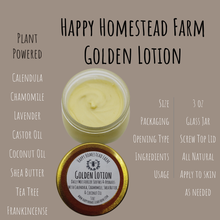 Load image into Gallery viewer, Golden Lotion product information graphic showing a 3 oz glass jar, ingredients, and application directions.