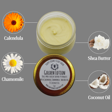 Load image into Gallery viewer, Golden Lotion jar surrounded by images labeled calendula, chamomile, shea butter, and coconut oil.