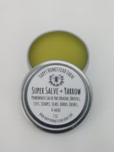 Load image into Gallery viewer, A metal tin with a screw top lid, label reads 'Super Salve + Yarrow', indicating it is a salve for various skin conditions.